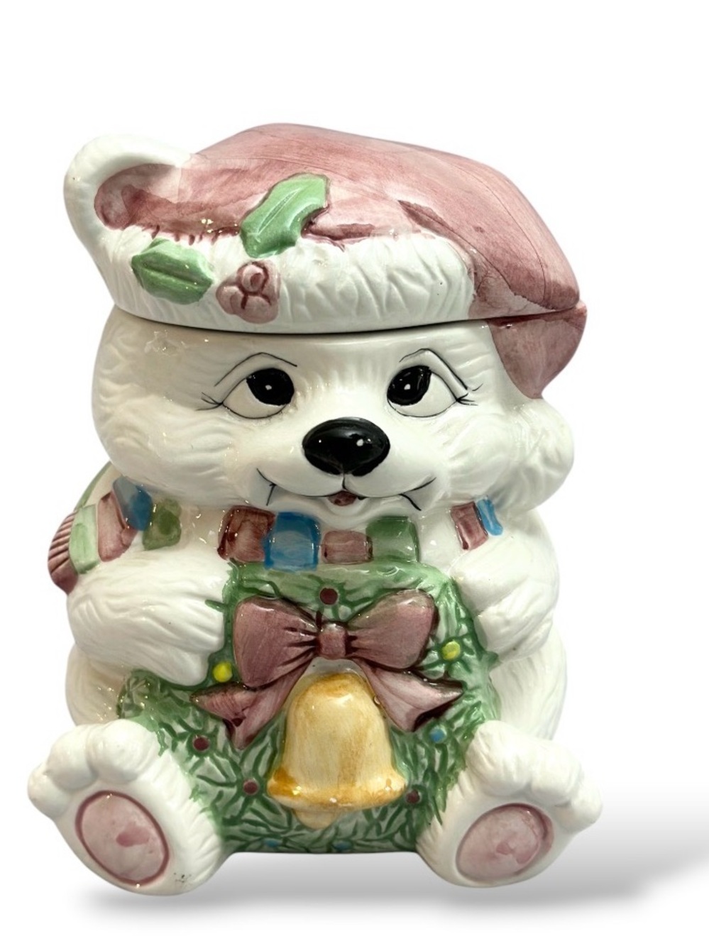 Vintage Bazaars World Ceramic Bear Cookie Jar with Pink Hat & Green Wreath